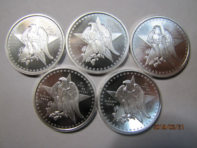 Lot of 5   1 oz. Remember the Alamo .999 Silver rounds, BU