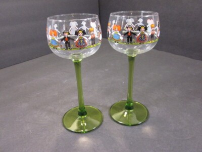 Set of 2 HANSI Alsace Nordic Wine Glasses Green Stem Excellent 5.4''