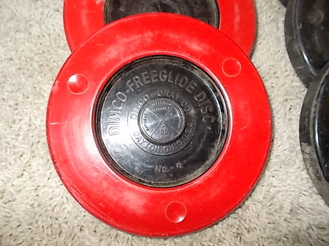SET of 8 Vintage Number 4 Dimco Freeglide Disc Shuffleboard Pucks w/Wire Carrier