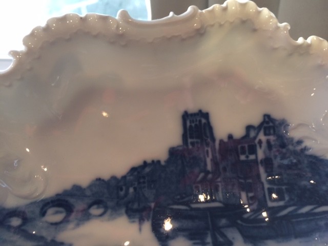 Monbijou R C Delft Flow Blue Relish Dish Scalloped Edges Double Handle Vintage