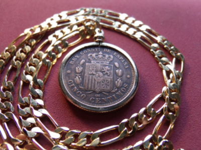 XF+ 1879 Spanish Bronze Centimos Coin Pendant w 22