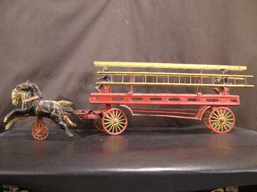 BIG 19c Wilkins Tin Wood Cast Iron Hook Ladder Fire Truck Animal Horse Drawn Toy