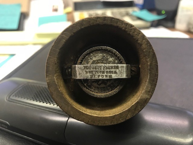 Antique vintage wood black pepper grinder, maybe English stamped, Old