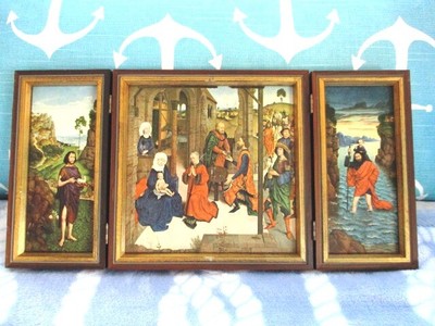 Beautiful Dutch Religious Prints Tole Wood Florentine Jesus & Madonna Triptych