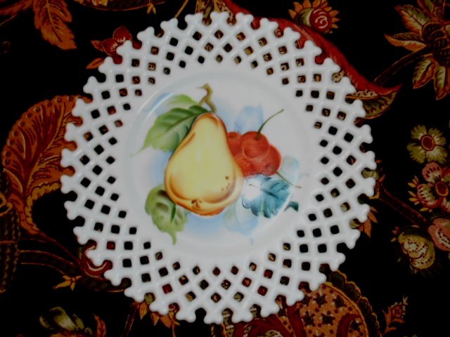 Vintage Lefton Milk Glass Lattice Handpainted Pear, Cherries & Apples Set of 2