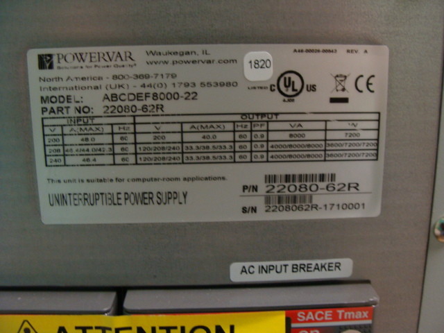 Powervar Security Plus Uninterruptible Power Supply  ABCDEF8000-22 / 22080-62R