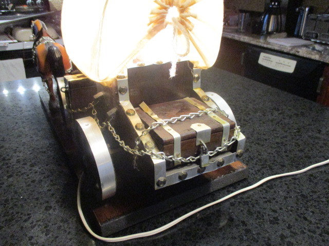 Rare Vintage Clydesdale Horse Drawn Handcrafted Wooden Covered Wagon Lamp
