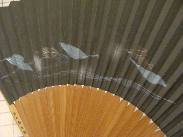 Vintage Original: JAPANESE FAN early hand painted  -- blue leaves above stream -