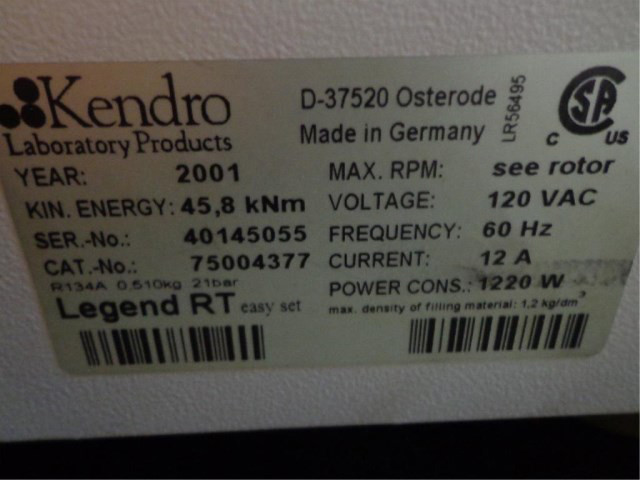 Sorvall Legend RT Kendro 75004377 refrigerated Centrifuge with 75006445 Rotor