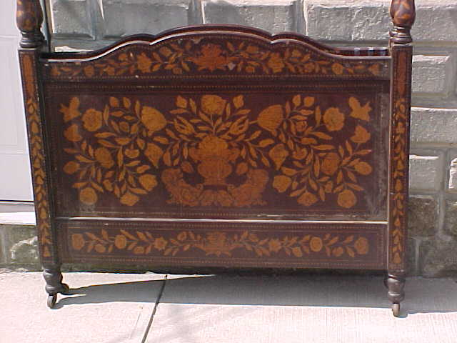 ANTIQUE 1800s DUTCH MARQUETRY 4 POSTER BED w HEAVY INLAID FLORAL BIRD DECORATION