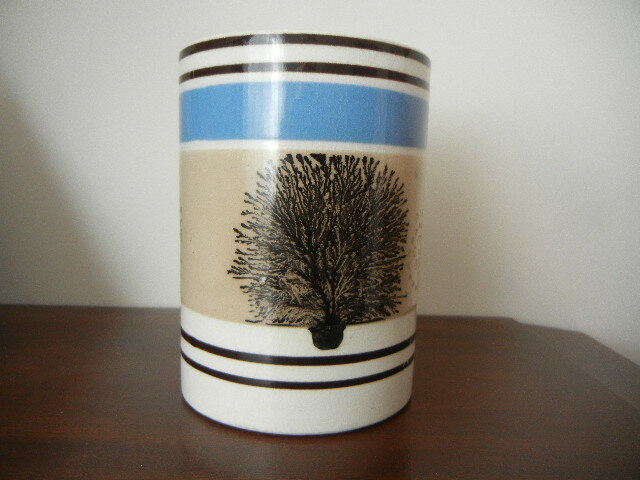 EARLY 20C ENGLISH MOCHA WARE GR 490 PINT TANKARD MUG SEAWEED BLUE TAN BANDED