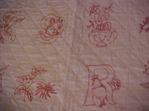 Vintage  QUILT, 90 REDWORK BLOCKS set in RED; BIRDS, FLOWERS, ANIMALS