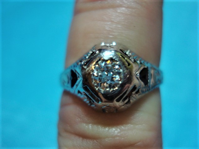 ART DECO OLD MINE CUT  DIAMOND SAPPHIRE RING 18K WG SZ 5.5