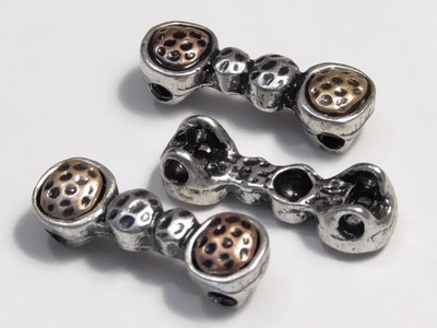 8 - 2 HOLE SLIDER BEADS TRI COLOR SILVER BRASS COPPER DIMPLED HAMMERED DESIGN