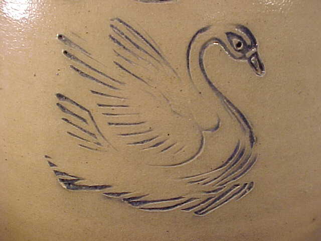 ANTIQUE SALT GLAZE STONEWARE TWO GALLON INCISED SWAN & FLYING EAGLE JUG.