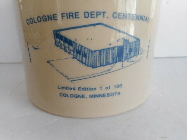 Excellent Condition Centennial Crock Cologne Fire Dept. Cologne Mn. 1890-1990