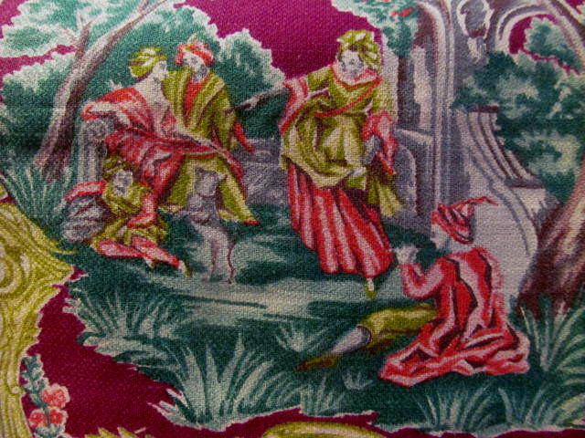 Romantic Garden Flowers Urns People Scene~Vintage 1940-50s Curtain Panel Fabric