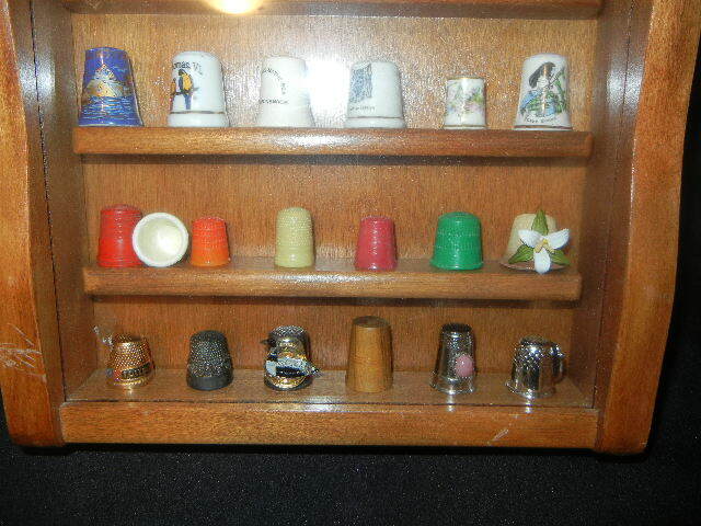 vintage THIMBLE DISPLAY CABINET WITH 30 THIMBLES CERAMIC WOOD PLASTIC METAL