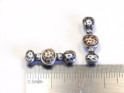 8 - 2 HOLE SLIDER BEADS TRI COLOR SILVER BRASS COPPER HAMMERED DIMPLED DESIGN