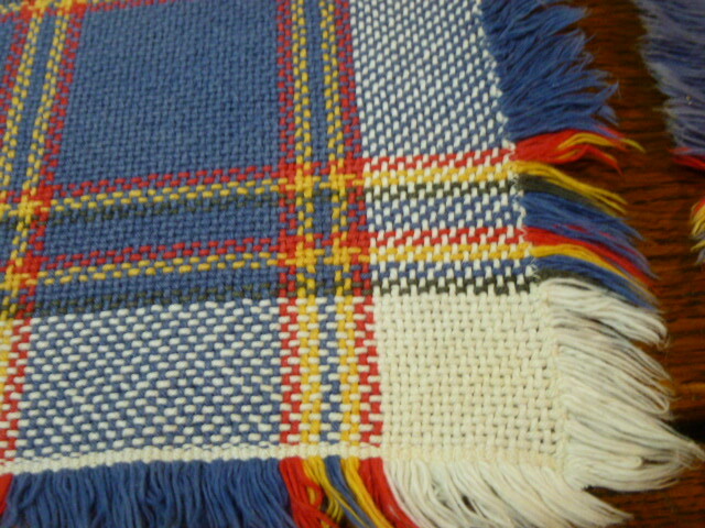 Vintage Set Woven  Cotton  Plaid Table Runner Dresser Scarf Set with fringe