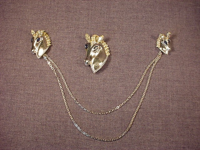 RARE 1943 CORO STERLING HORSE HEAD CHATELAINE & PIN / BROOCH SET