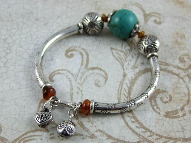 Handmade Thai Sterling Silver With Turquoise Bead Bracelet - 60mm.