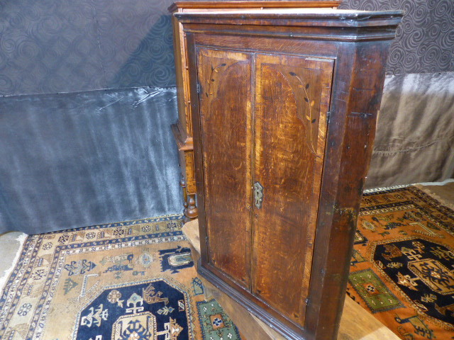 18th c period antique corner ornate inlaid hanging cupboard rosehead nails
