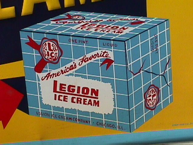 ORIGINAL Vintage LEGION Ice CREAM 54x18 ins. Colorful TIN Advertising SIGN As Is