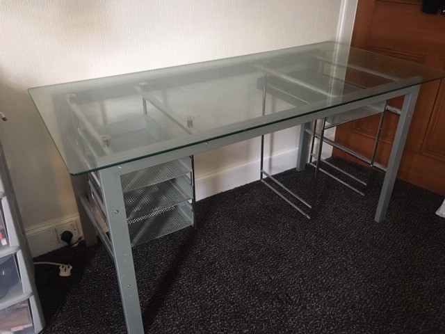 Glass Top Desk Or Workstation With Free Chair Sturdy Metal Frame