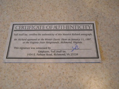 Maurice Richard HOF deceased Montreal signed special 1991 Beckett/Tuff Stuff COA
