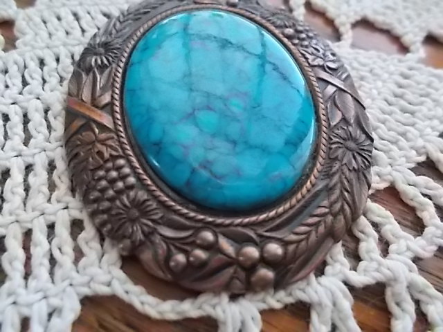 RETRO! Vintage Genuine Copper Faux Turquoise Large Oval Pendant Only ORNATE! VGC