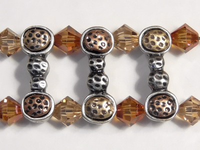 8 - 2 HOLE SLIDER BEADS TRI COLOR SILVER BRASS COPPER DIMPLED HAMMERED DESIGN