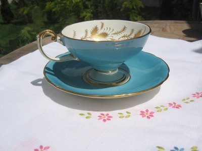 CUP SAUCER AYNSLEY aqua MADE IN ENGLAND  AQUA WHITE TRIM W/GOLD