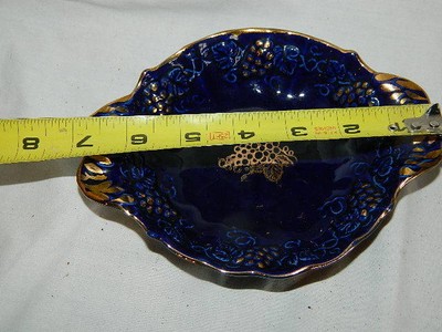 vintage Enesco Cobalt Blue & Gold nappy dish w/ handles Embossed Grape