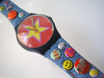 STARS amp PINS Swatch with CHARMS BUTTONS amp DENIM Band NIBRARE