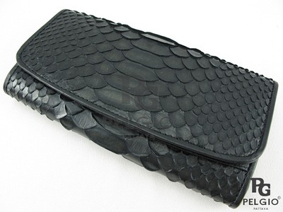 PELGIO Real Genuine Python Belly Skin Leather Trifold Clutch Wallet Purse Black