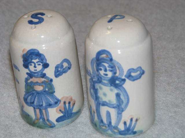 M A Hadley Pottery Farmer & Wife Stoneware Salt & Pepper Shaker Set 3.5