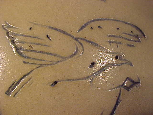 ANTIQUE SALT GLAZE STONEWARE TWO GALLON INCISED SWAN & FLYING EAGLE JUG.