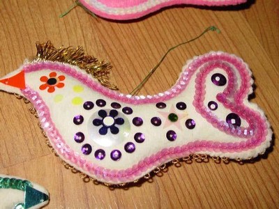 6 Vintage CHRISTMAS FELT and SEQUIN BIRD Ornaments - Handmade Kit Blue Pink Red