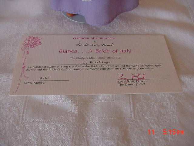 DANBURY MINT BRIDE DOLLS OF THE WORLD -  A BRIDE OF  ITALY  WITH COA