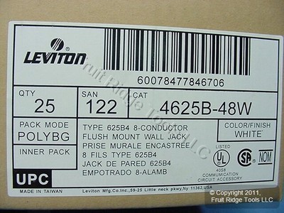25 Leviton White Telephone 8-Wire RJ45 Type 625B4 Phone Jack Wallplate 4625B-48W