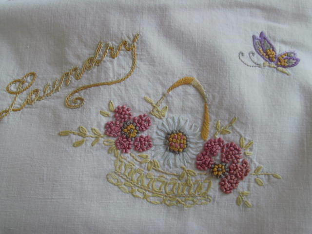 Charming~Antique Hand Embroidered LAUNDRY BAG~Heavy Cotton