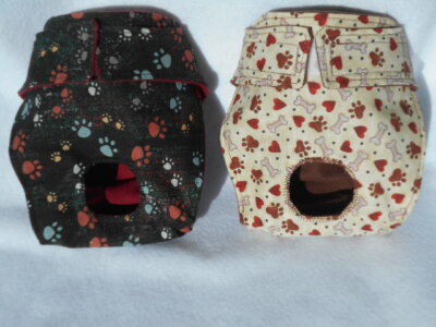 Reusable 2pk Diapers for Female Dogs/Spider Monkeys (Black Paws & Tan Bones)