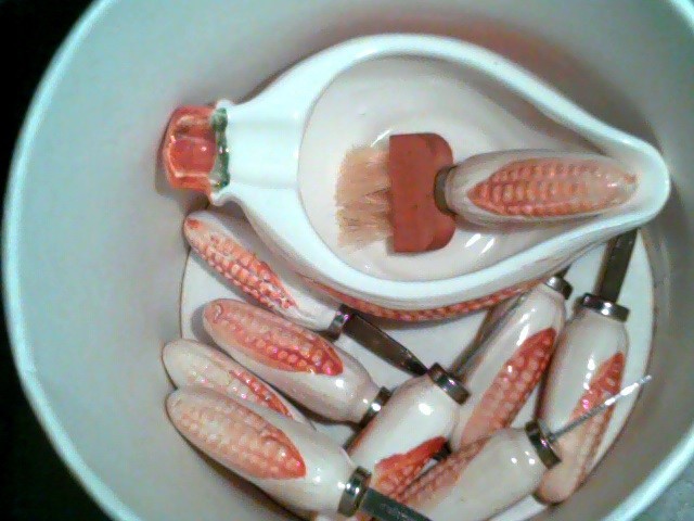 Set of 4 Corn Ear Trays & Butter Pitcher + Holders & Butter Brush