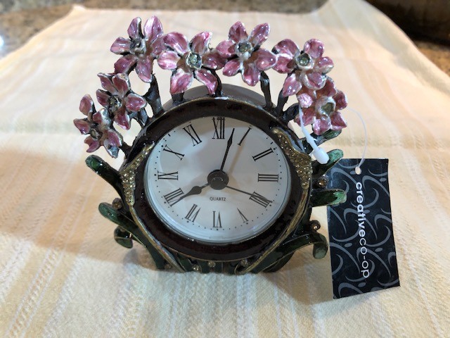 Creative Co-op Pewter Table Clock 4.25 inches AAA Battery Pink Flowers (3)