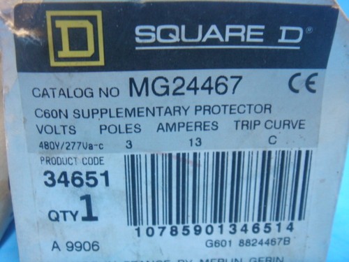 NEW SQUARE D MG24467, C60N SUPPLEMENTARY PROTECTOR 480Y/277V 13A 3P, NEW IN BOX