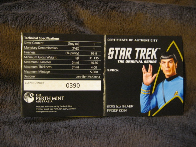2015 1oz, 99.9% Pure Silver Coin; Mr. Spock, original STAR TREK; Perth Mint