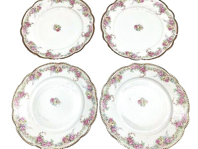 Plates Austria MZ Moritiz Zdekauer ? Vtg 8 in Rose Floral Pink Gold Porcelain F