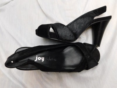 JOY CHEN horse pony hair hide BLACK LEATHER CONE HEELS SLING back PEEP NEW! 8 m