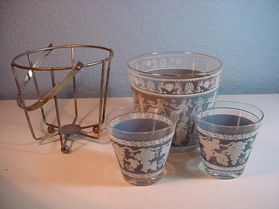 Vintage Glass Ice Bucket Roman Greek Blue Decor Outer Metal Rack With Handle